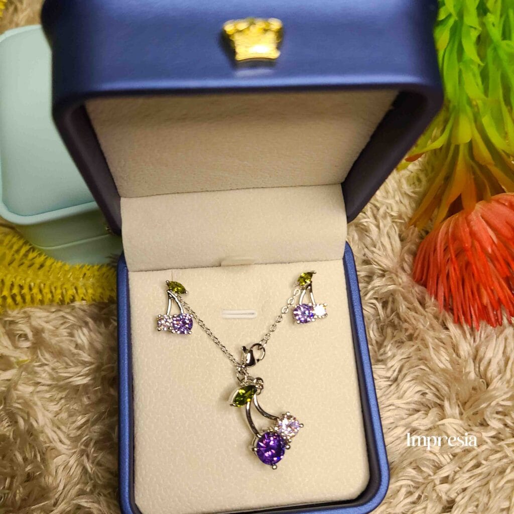 Purple & Green Stone Necklace and Earrings Set