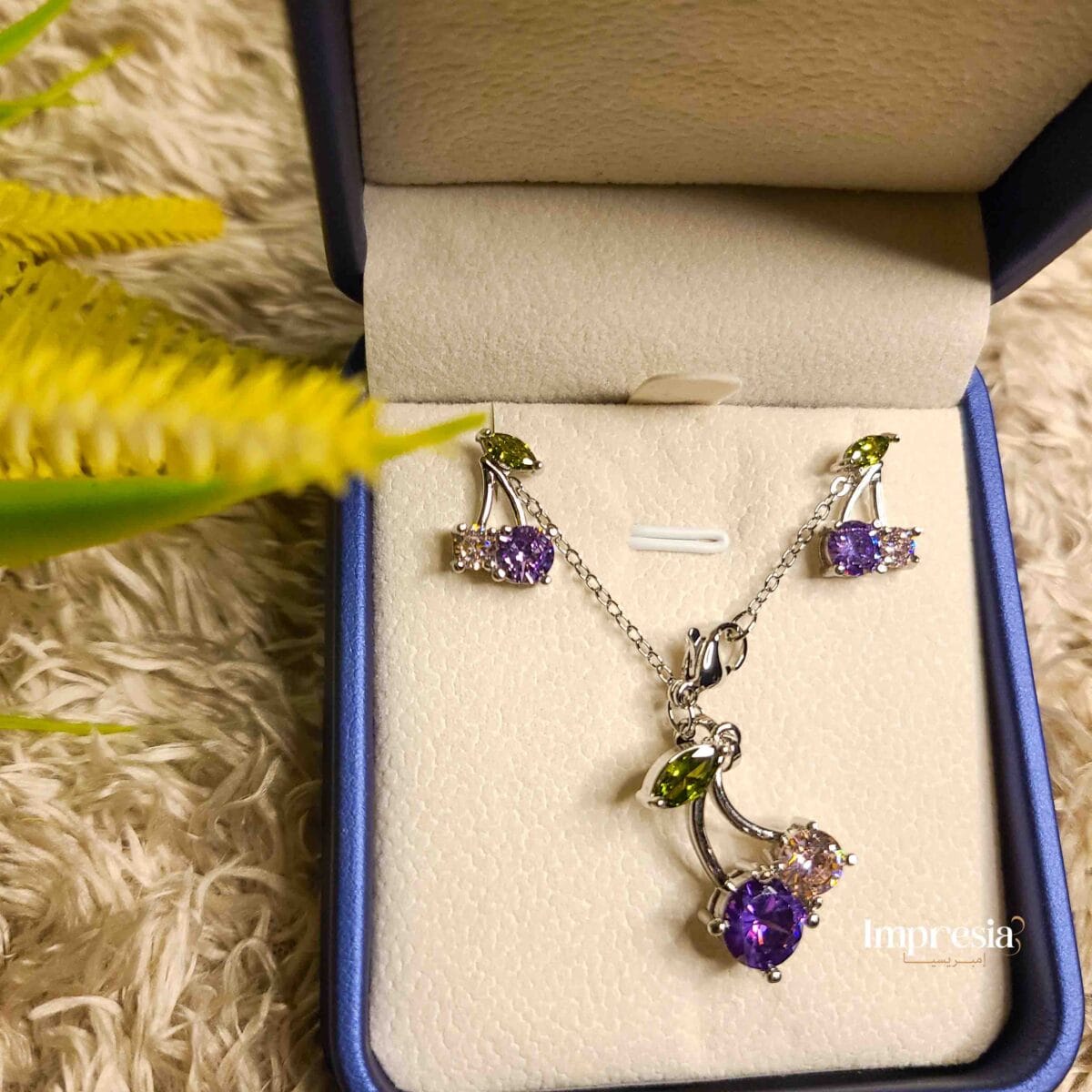 Purple & Green Stone Necklace and Earrings Set