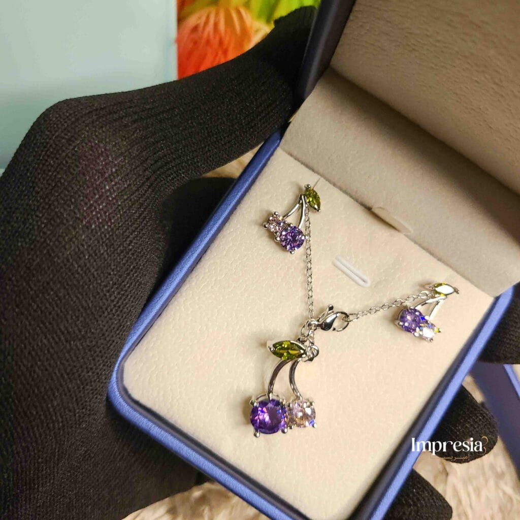 Purple & Green Stone Necklace and Earrings Set