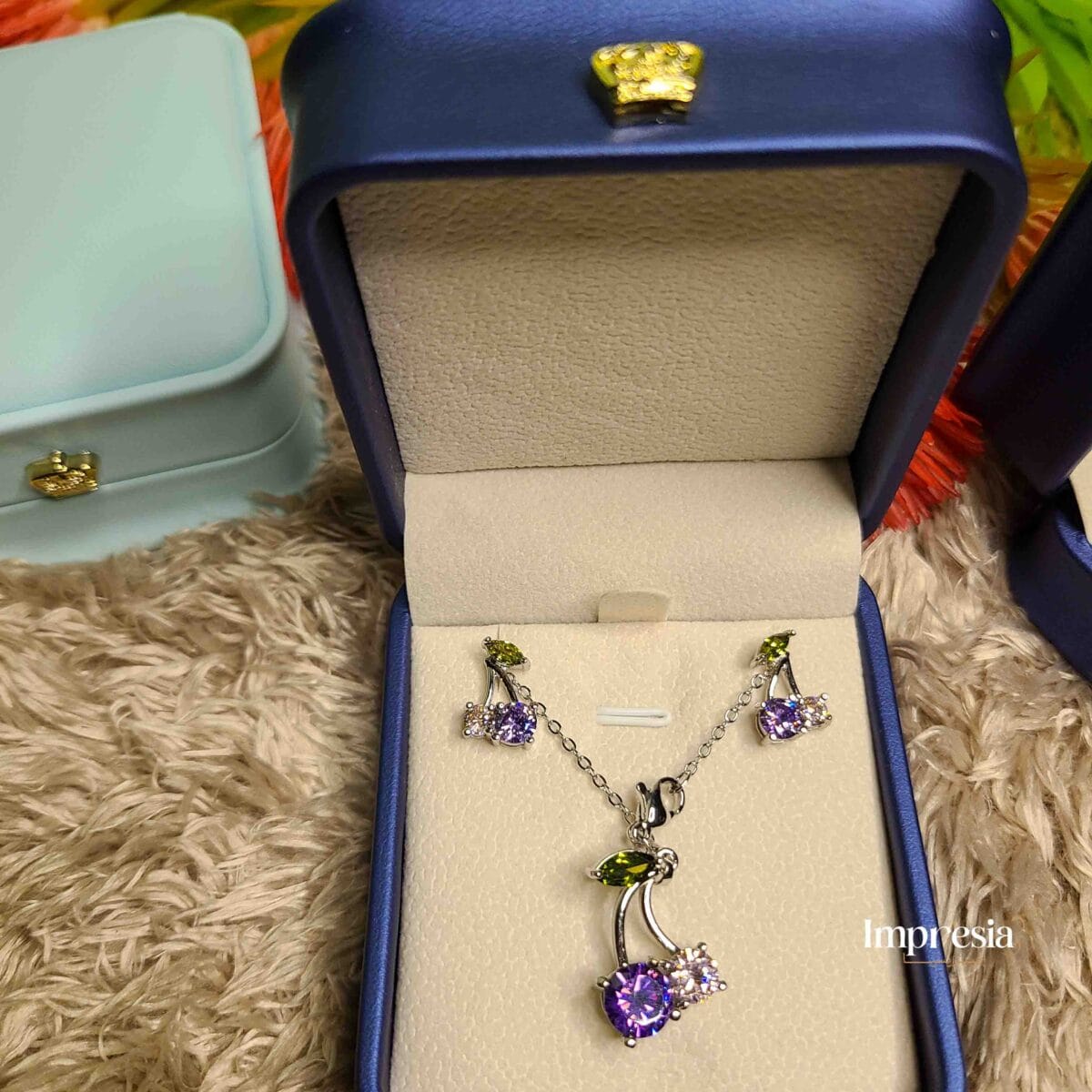 Purple & Green Stone Necklace and Earrings Set